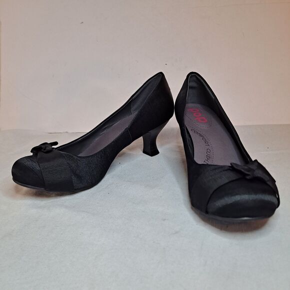 Pop Palace Satin Kitten Heels Side Bow Womens Sz 8.5M Black Comfort Cushion - Picture 1 of 12